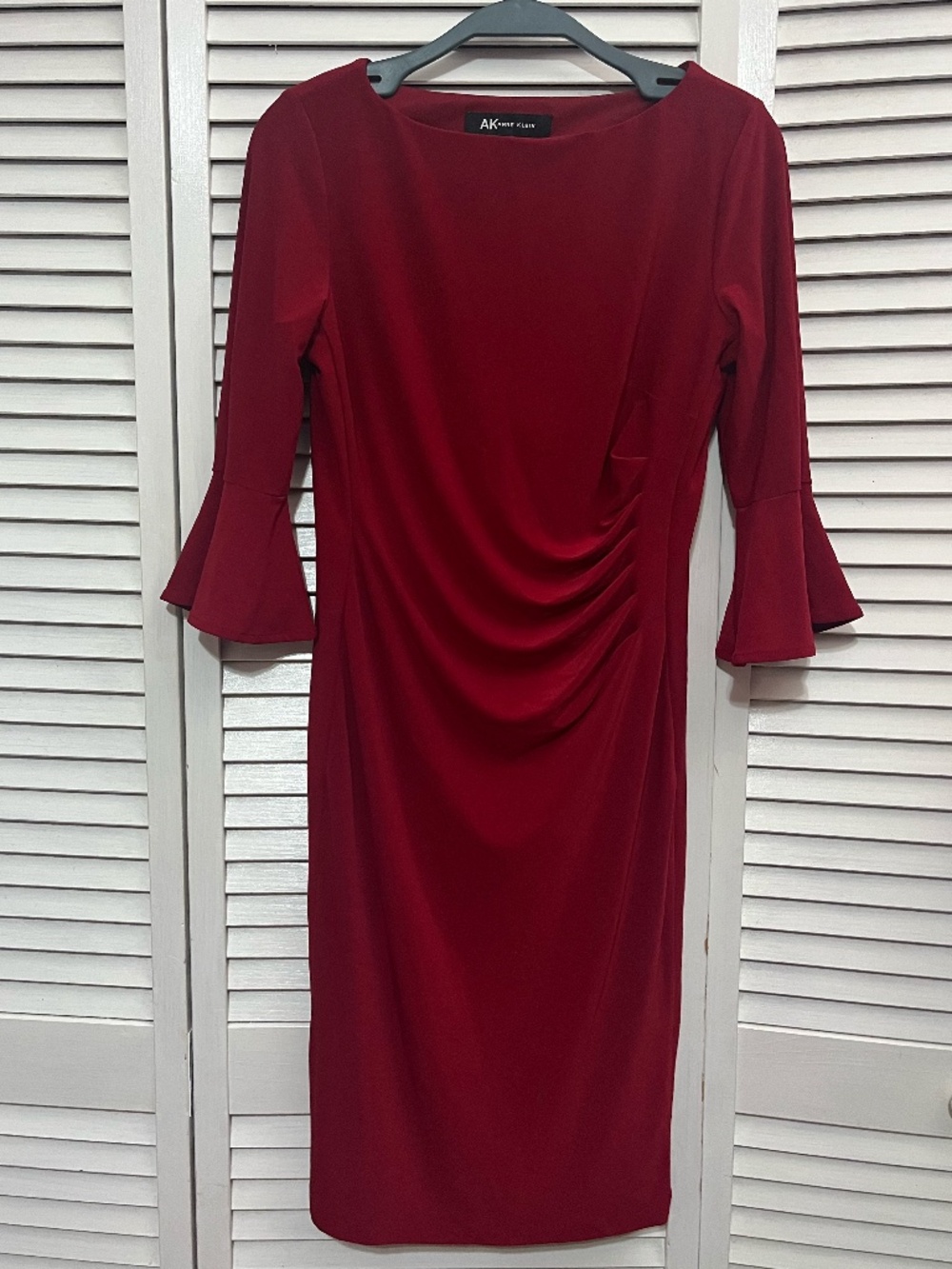 Anne Klein Red Midi Dress with Bell Sleeves & Ruched Waist